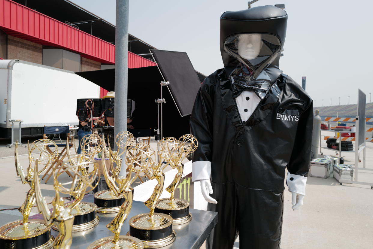 The Hazmat-wearing statue presenters at this year's Emmy Awards (Photo: ABC/Lindha Narvaez)