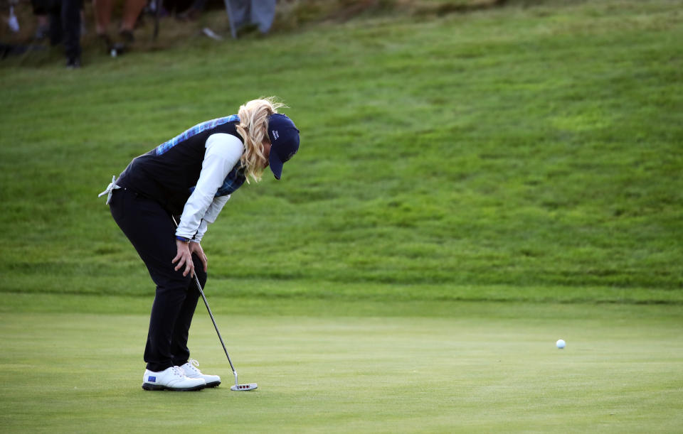 Team Europe's Bronte Law reacts after narrowly missing a putt to win her fourball match at the Solheim Cup