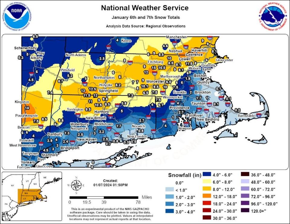 Rhode Island snow fall totals for Jan. 7 2024 as of 1 p.m. shared by the National Weather Service