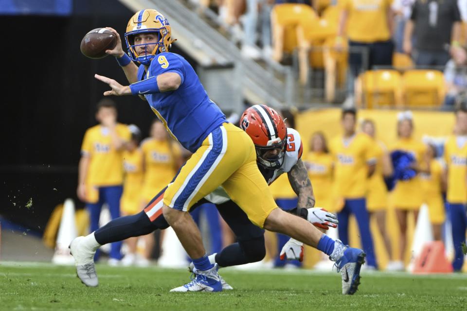 Pittsburgh quarterback Kedon Slovis throws a pass against Syracuse Saturday, Nov. 5, 2022, in Pittsburgh, Pa. After starting his career at USC, Slovis transferred to Pitt. In the 2023 offseason, he transferred again, this time landing at BYU. | Barry Reeger, Associated Press