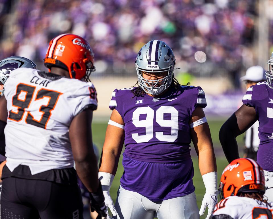 Kansas State nose tackle Uso Seumalo lines up against Oklahoma State during their game game last year at Bill Snyder Family Stadium.