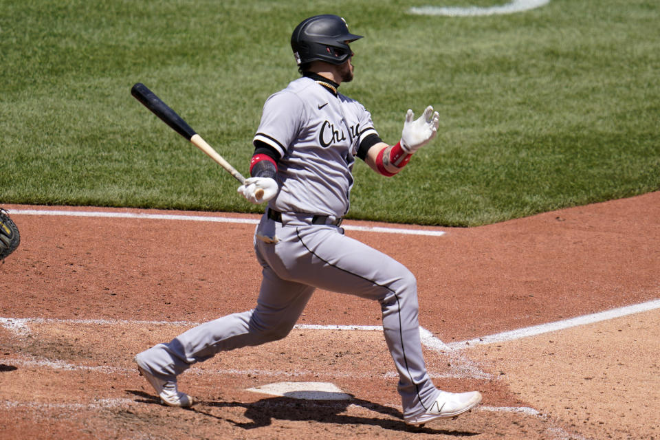 Chicago White Sox's Yasmani Grandal follows through on a double off Pittsburgh Pirates starting pitcher Chase De Jong, driving in two runs, during the fifth inning of a baseball game in Pittsburgh, Wednesday, June 23, 2021. (AP Photo/Gene J. Puskar)