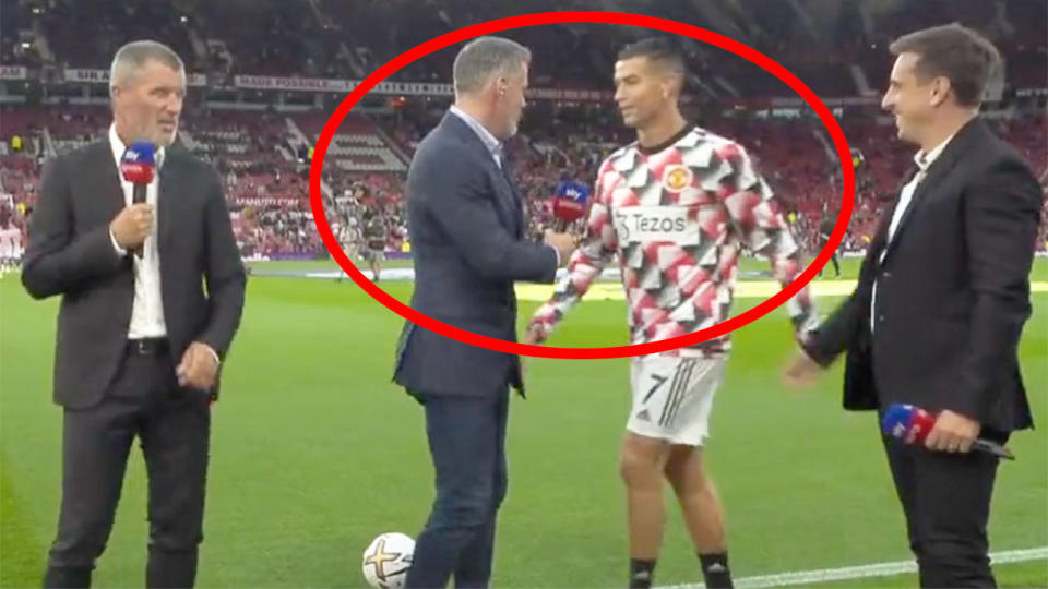 Pictured here, Cristiano Ronaldo snubbing Liverpool legend Jamie Carragher before the Premier League game at Old Trafford. 