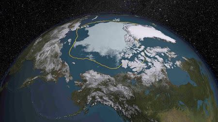 The 2015 Arctic sea ice summertime minimum is 699,000 square miles below the 1981-2010 average, shown here as a gold line in this visual representation of a NASA analysis of satellite data released September 14, 2015. REUTERS/NASA/Goddard Scientific Visualization Studio/Handout via Reuters