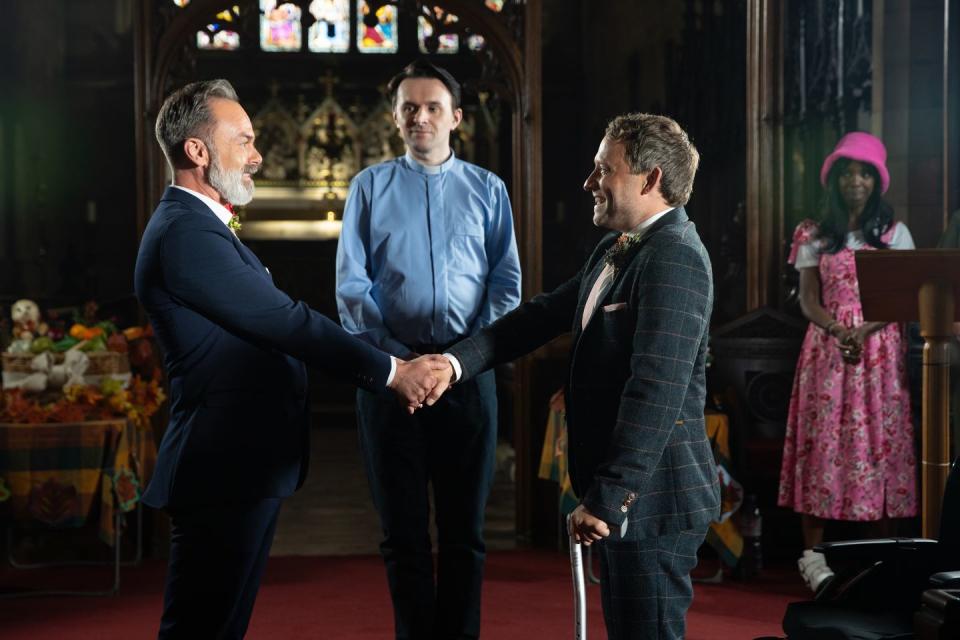 embargo 2100 02102023 billy mayhew and paul foreman's wedding in coronation street