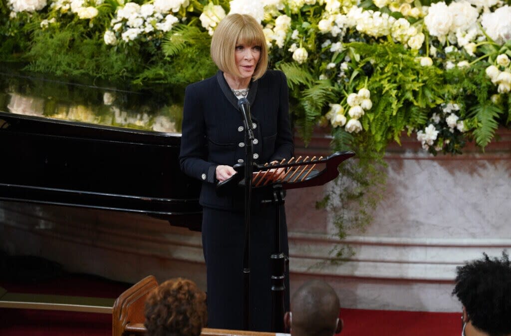 Anna Wintour speaks onstage at the André Leon Talley Celebration of Life at The Abyssinian Baptist Church on April 29, 2022 in New York City. (Photo by Bennett Raglin/Getty Images for the Estate of André Leon Talley)