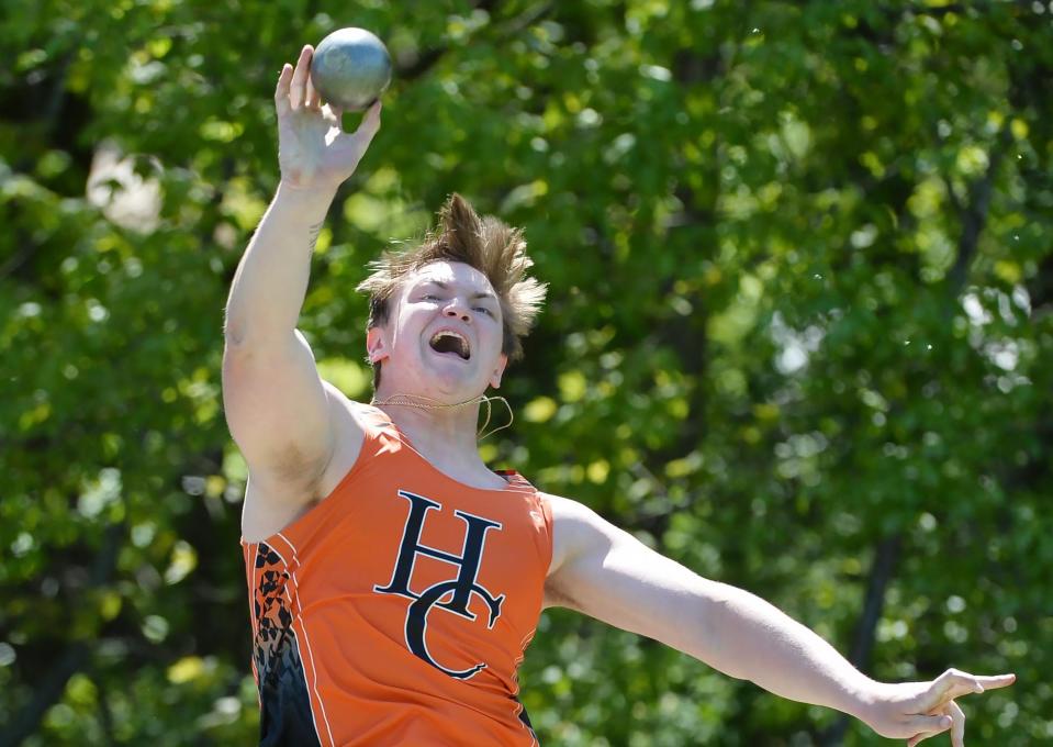 Harbor Creek High School senior Nick Krahe competes in the shot put during the Erie County Classic Track & Field meet at Harbor Creek High School in Harborcreek Township on May 11, 2023.