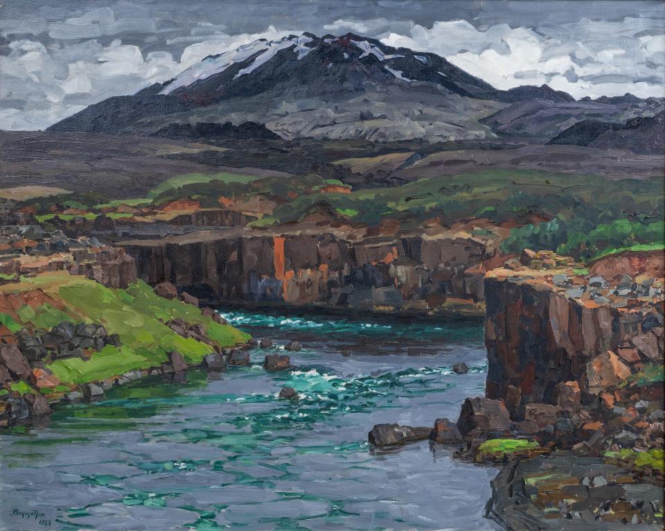 Brynjólfur Þórđarson (1896 – 1938), Hekla og Rangá, oil, 81 x 101 cm, on loan from the Fernandez Collection for “Twentieth-Century Painting in Iceland: Art from the Land of Fire and Ice” opening at Gadsden Arts on Oct. 6, 2023.