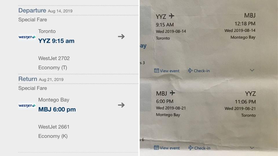 Left - flight itinerary pulled on Aug. 29. Right - original flight itinerary booked by the Collet family.