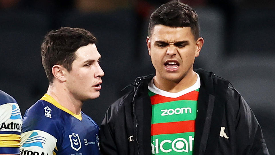 Mitchell Moses of the Eels and Latrell Mitchell of the Rabbitohs have a chat after South Sydney's victory over Parramatta. (Photo by Cameron Spencer/Getty Images)