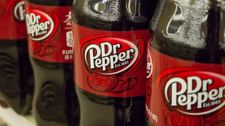 Dr. Pepper bottles lined up