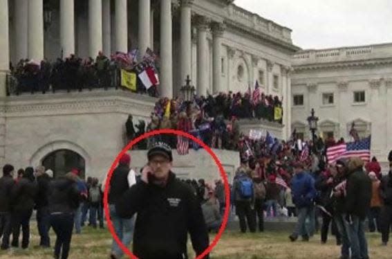 A photo in the criminal complaint filed against David Ball, of Wells, Maine, shows Ball outside the U.S. Capitol on Jan. 6, 2021, the day rioters entered the building and disrupted Congress as it worked to certify the results of the 2020 presidential election.
(Credit: Provided)