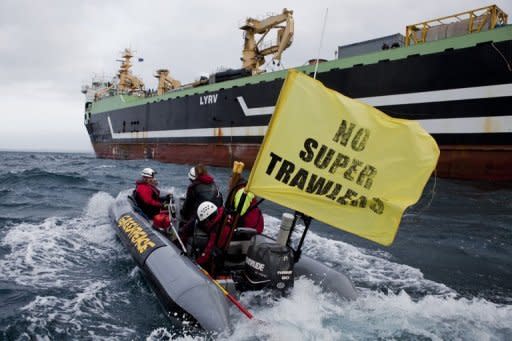 Image provided by Greenpeace shows activists intercepting the FV Margiris super-trawler, recently reflagged as the Abel Tasman, as it attempts to enter Port Lincoln on August 30. The Australian government Tuesday announced plans to change its environmental protection laws to prevent the trawler from fishing in its waters
