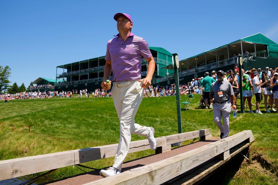 Jun 4, 2022; Dublin, Ohio, USA; Jordan Speith runs after his tee shot on 15 during the third round of the Memorial Tournament at Muirfield Village Golf Club. Mandatory Credit: Adam Cairns-The Columbus Dispatch