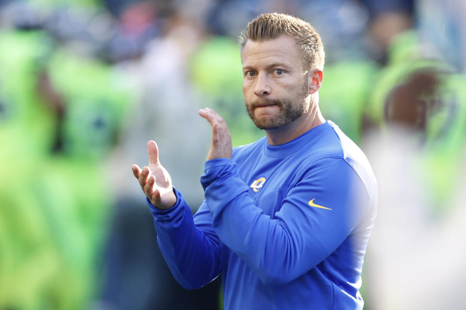 Los Angeles Rams head coach Sean McVay reacts on the field during warmups before an NFL football game against the Seattle Seahawks, Thursday, Oct. 7, 2021, in Seattle. (AP Photo/Craig Mitchelldyer)