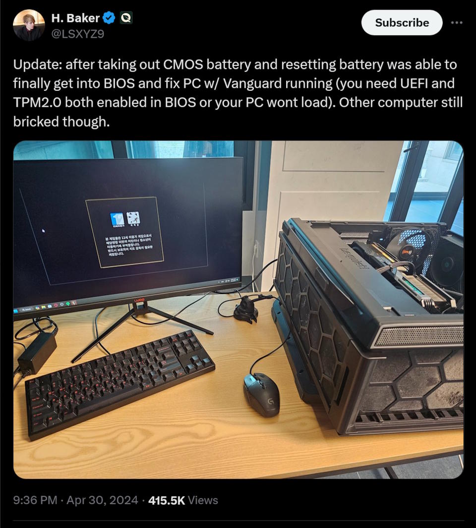 Update: after taking out CMOS battery and resetting battery was able to finally get into BIOS and fix PC w/ Vanguard running (you need UEFI and TPM2.0 both enabled in BIOS or your PC wont load). Other computer still bricked though.