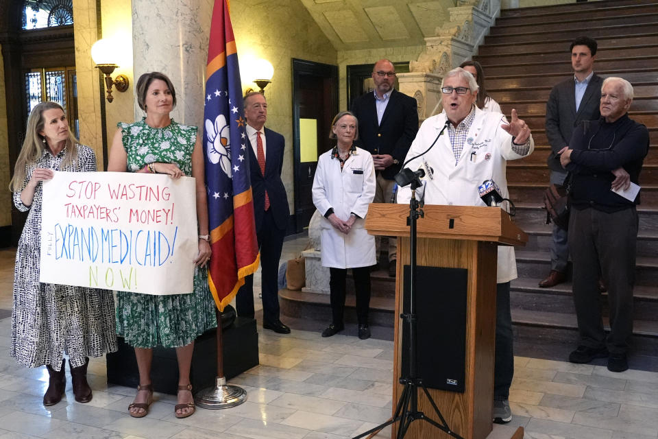 Dr. Randy Easterling, a central Mississippi physician and small business owner, was among a group of small business owners who urged lawmakers to fully fund a Mississippi Medicaid expansion plan during a Tuesday, April 23, 2024, news conference at the state Capitol in Jackson, Miss. (AP Photo/Rogelio V. Solis)