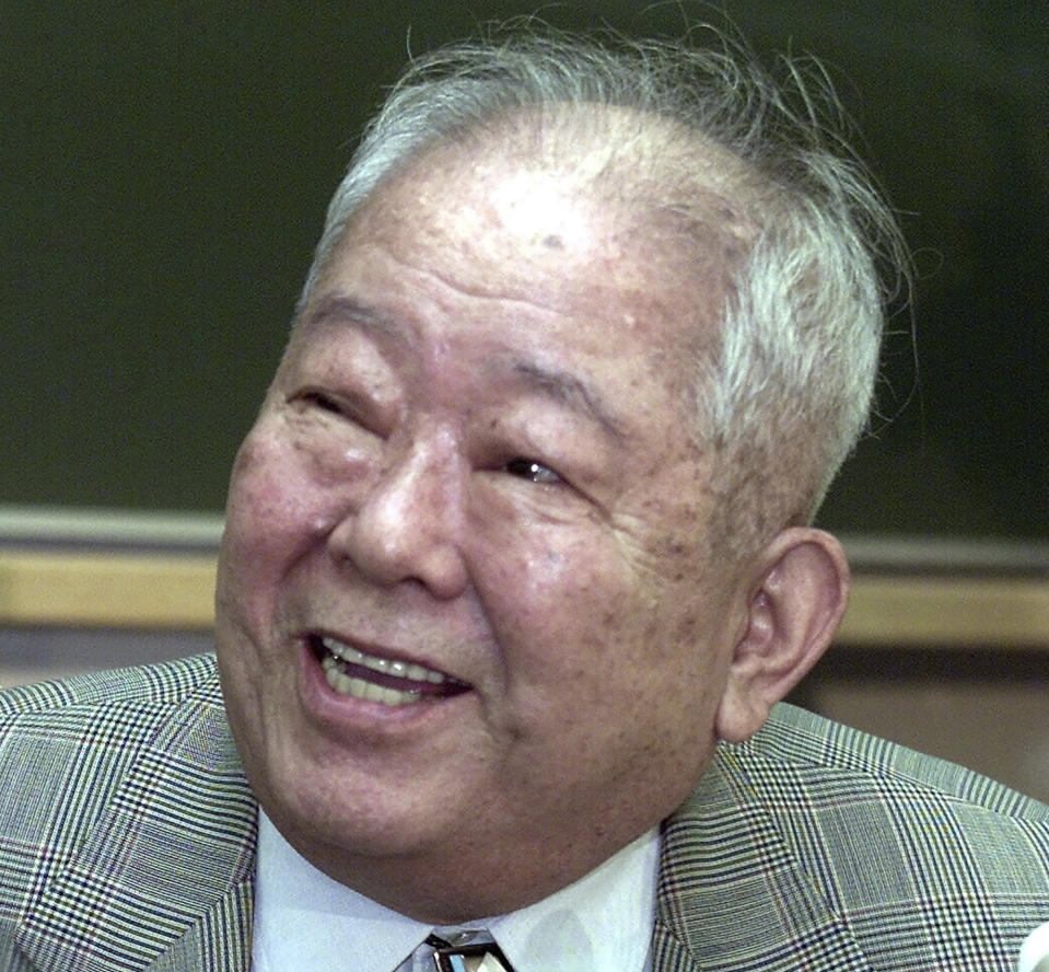 FILE - In this Oct. 8, 2002, file photo, Japanese physicist Masatoshi Koshiba smiles during a press conference at the University of Tokyo, in Tokyo after winning the Nobel Prize in Physics in 2002. Koshiba, a co-winner of the Nobel Prize for his pioneering researches into the make-up of the universe, died Thursday, Nov. 12, 2020, said the university. He was 94. (AP Photo/Junji Kurokawa, File)