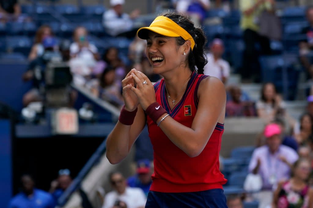 Emma Raducanu celebrates after beating Belinda Bencic in the US Open quarter-finals (Elise Amendola/AP) (AP)