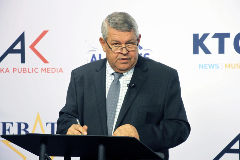 FILE -Republican Charlie Pierce, a Republican running for Alaska governor in the Nov. 8, 2022 election, is shown prior to a televised debate Wednesday, Oct. 19, 2022, in Anchorage, Alaska. (AP Photo/Mark Thiessen, File)