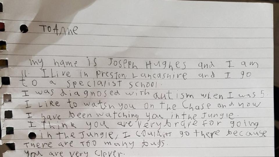 <p>The I’m A Celebrity star has received a heartwarming letter from a young boy with autism after opening up about her experience of Asperger’s.</p>