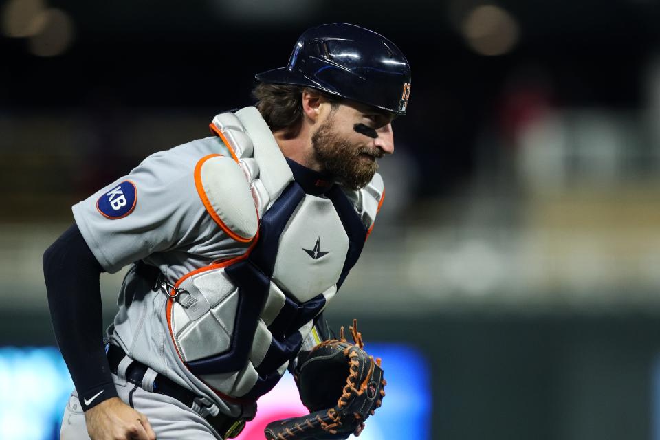 Tigers catcher Eric Haase reacts to his throwing error allowing the winning runs to score in the ninth inning of the Tigers' 5-4 loss on Tuesday, April 26, 2022, in Minneapolis.