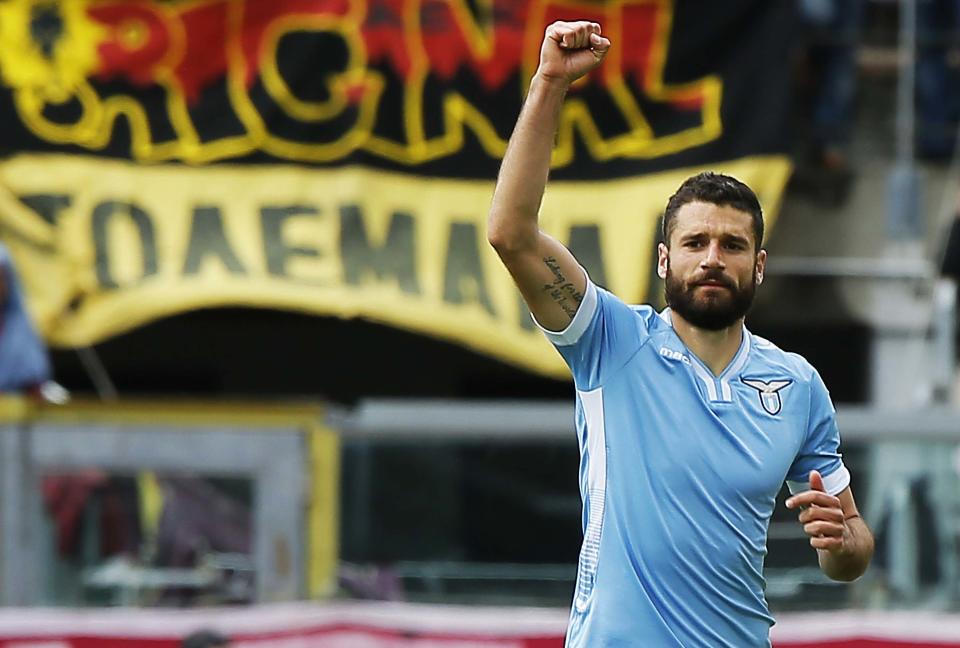 Lazio's Antonio Candreva celebrates after scoring during a Serie A soccer match between Livorno and Lazio, in Leghorn, Italy, Sunday, April 27, 2014. (AP Photo/Francesco Speranza )