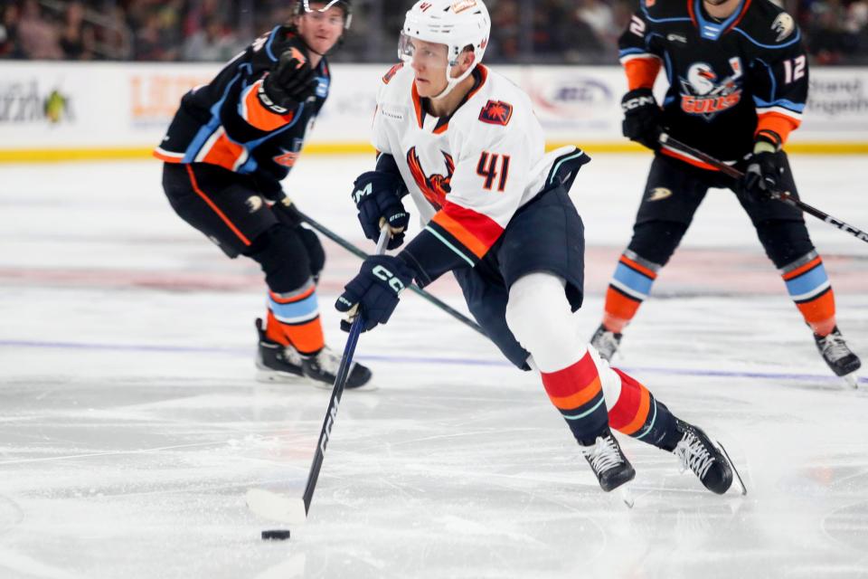 Ryker Evans, shown here against the San Diego Gulls on Wed., Nov. 8, 2023, will be available for the playoffs after playing 36 games in the NHL for the Seattle Kraken.