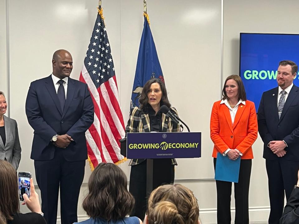 Gov. Gretchen Whitmer touts new legislation which will allow counties to propose raising hotel taxes, if voters approve the raises, on Monday, April 15, 2024, in Grand Rapids. Mich. In Kent County, officials are hoping to ask voters to raise the county's hotel tax to raise revenues for a new concert venue and soccer stadium, among other possibilities.