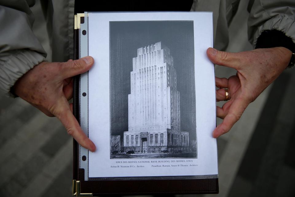 Retired architect and Proudfoot & Bird expert Steve Stimmel of Des Moines holds a sketch showing the office tower that Proudfoot & Bird envisioned as topping the Iowa-Des Moines National Bank Building. Never built, the tower was a victim of the Great Depression.