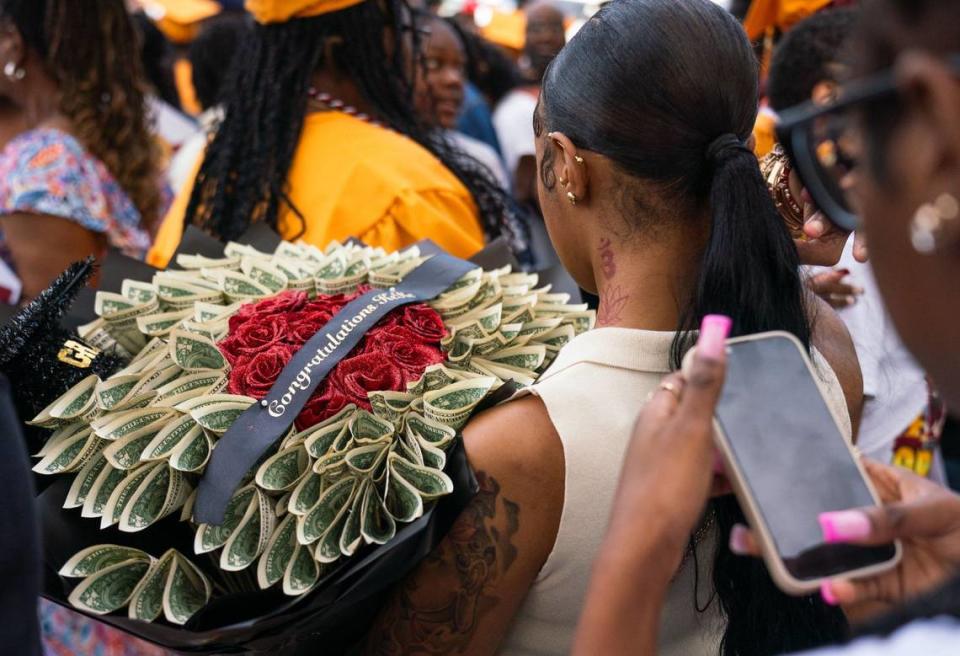 A bouquet that was gifted to West Charlotte High School graduate Alana House after graduation, at the Bojangles Coliseum in Charlotte on Monday, June 10, 2024.