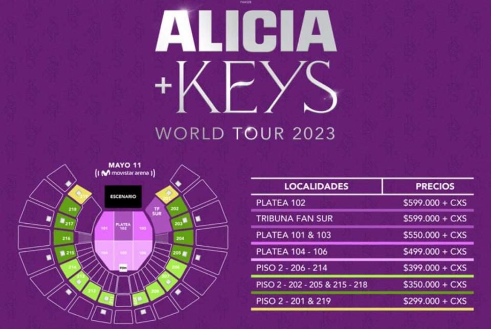 Costos de entradas para ver a Alicia Keys en Bogotá en mayo de 2023. Imagen tomada de Tu Boleta.