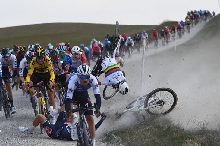 Julian Alaphilippe was thrown off his bike in a crash at Strade Bianche