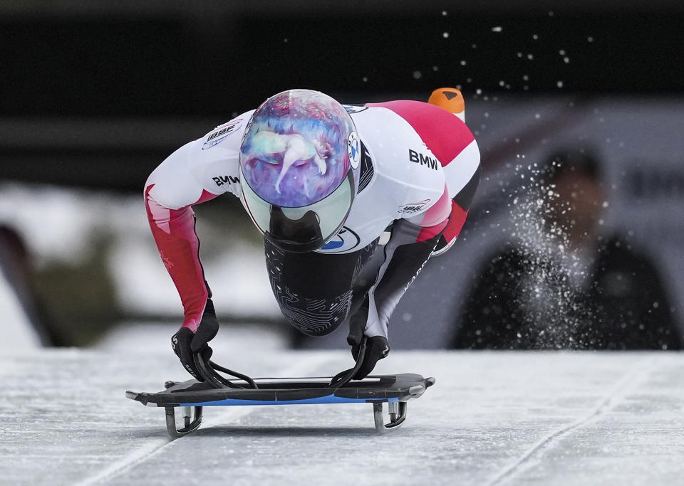 Canada's Mirela Rahneva races down the track during the women's competition at the world cup skeleton event in Whistler, British Columbia, on Thursday Nov. 24, 2022. (Darryl Dyck/The Canadian Press via AP)