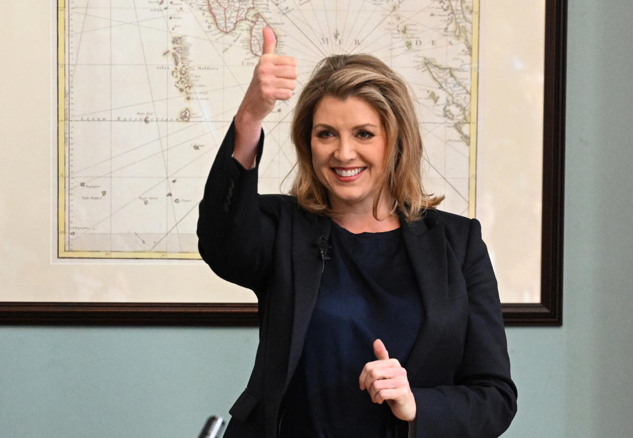 LONDON, ENGLAND - JULY 13: Penny Mordaunt gives a thumbs up during an event to launch her campaign to be the next leader of the Conservative Party on July 13, 2022 in London, England. Mordaunt, Conservative MP for Portsmouth North, is now one of eight contenders who achieved the necessary 20 nominations by the 12 July deadline and proceeds to the first ballot this evening.  She is the favourite in polling conducted by political blog ConservativeHome.   (Photo by Leon Neal/Getty Images)