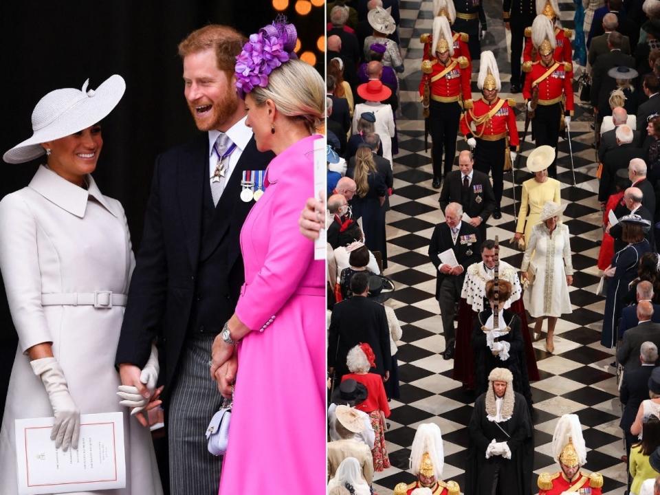 Harry and Markle interact with Zara Tindall (left) – elsewhere, William and Middleton leave the cathedral alongside Charles and Camilla.