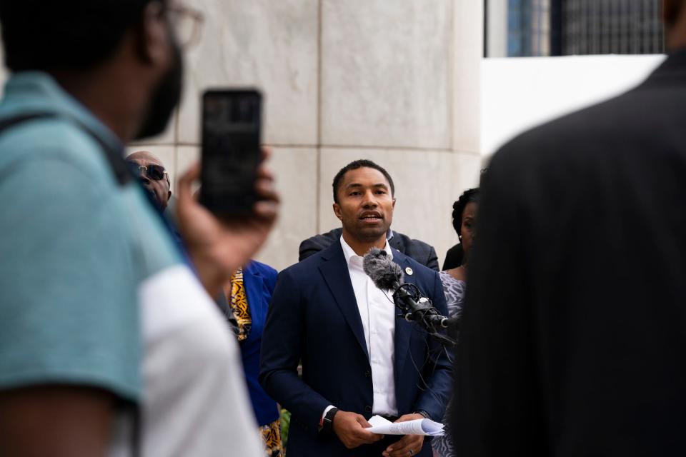 State Sen. Adam Hollier speaks as local and state elected officials hold a press conference outside of the Coleman A. Young Municipal Center Tuesday, October 12, 2021 regarding redistricting unfairness.