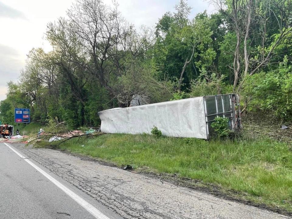 A tractor-trailer hauling meat products overturned on I-70 West in Pennsylvania on May 20, 2022.