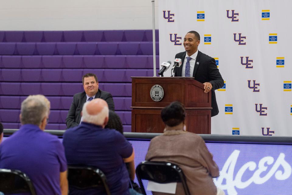 David Ragland addresses the crowd gather during a community celebration ceremony where he was introduced as the new head coach of the University of Evansville Men's Basketball at Meeks Family Fieldhouse on campus Wednesday evening, May 25, 2022. 