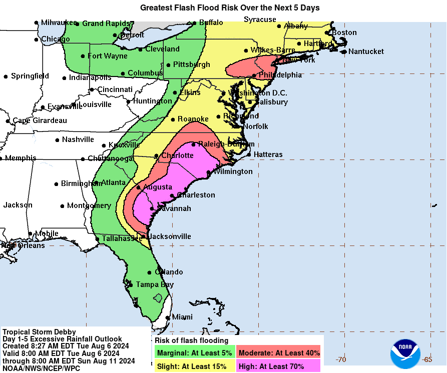 A map showing Debby's greatest flash flood risk areas over the next five days.