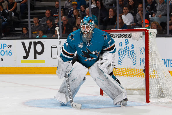 SAN JOSE, CA - MAY 21: James Reimer #34 of the San Jose Sharks defends the net against the St. Louis Blues in Game Four of the Western Conference Finals during the 2016 NHL Stanley Cup Playoffs at SAP Center on May 21, 2016 in San Jose, California. (Photo by Rocky W. Widner/NHL/Getty Images)