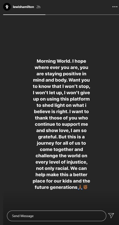 Lewis Hamilton took to social media on Tuesday