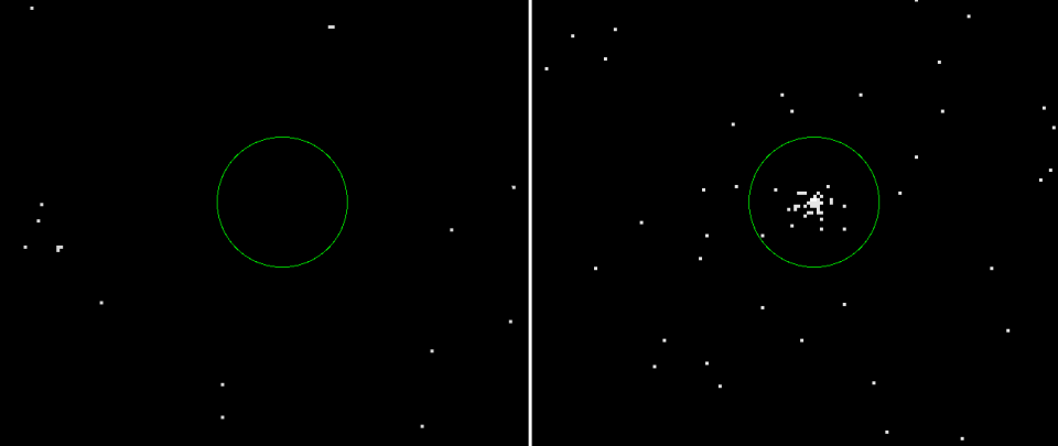 Now you don’t see it, now you do! X-ray images of the same location on the sky before (left) and after (right) Swift J0230 erupted. These images were taken with the X-ray Telescope on-board the Swift satellite. CREDIT: Phil Evans (University of Leicester) / NASA Swift