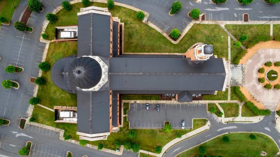 An aerial view of the Holy Name of Jesus Cathedral in Raleigh on Friday, May 24, 2024.