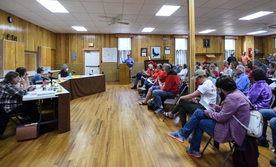 George Bedard of Eagle, middle, speaks to Eagle Township officials Thursday, May 18, 2023, during a meeting at the Eagle Township Hall.