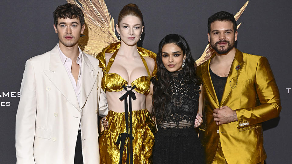 LONDON, ENGLAND - NOVEMBER 09: (L-R) Tom Blyth, Hunter Schafer, Rachel Zegler and Josh Andres Rivera attend "The Hunger Games: The Ballad of Songbirds & Snakes" World Premiere at BFI IMAX Waterloo on November 09, 2023 in London, England. (Photo by Gareth Cattermole/Getty Images)