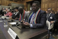 Ambassador of the Republic of South Africa to the Netherlands Vusimuzi Madonsela checks his phone during a hearing at the International Court of Justice in The Hague, Netherlands, Friday, Jan. 12, 2024. The United Nations' top court opened hearings Thursday into South Africa's allegation that Israel's war with Hamas amounts to genocide against Palestinians, a claim that Israel strongly denies. (AP Photo/Patrick Post)