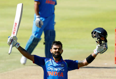 Cricket - India v South Africa - Third One Day International - Newlands Stadium, Cape Town, South Africa - February 7, 2018. India's Virat Kohli celebrates his century. REUTERS/Mike Hutchings
