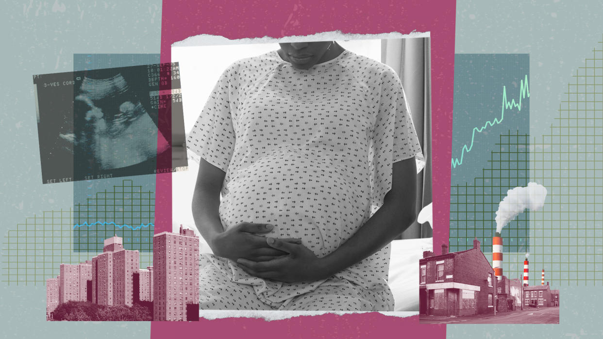 Black maternal health showing pregnant woman, ultrasound and pollution.