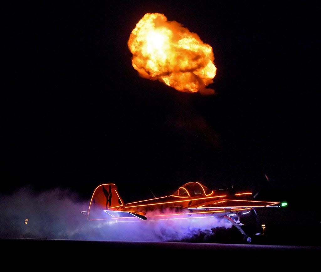 The Walkabout Tigers Acrobatic Team do a preview during the night air show at the Sun ’n Fun Expo in Lakeland in 2018. Traditionally, Sun 'n Fun had two evening airshows during the week - on Wednesday and Saturday night. This year, the expo is adding evening airshows on Tuesday, Thursday and Friday.